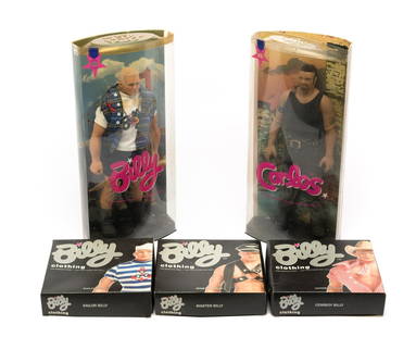 Billy & Carlos Out & Proud Gay Dolls w/ 3 Packs of Clothing in OBs: DESCRIPTION: Both dolls in original packaging. Clothing includes Cowboy Billy; Sailor Billy; and Master Billy. All clothing in original boxes. Billy was introduced in the US in 1997. Billy was created