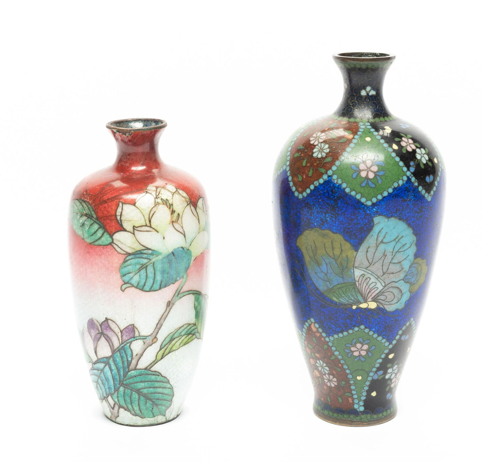 Two Cloisonne Vases: DESCRIPTION: One with floral motif, other with butterfly and floral design. MEASUREMENT: 2-3/4" to 3-1/4" wide x 6-1/4" to 7-3/4" high. CONDITION: One with bottom missing.