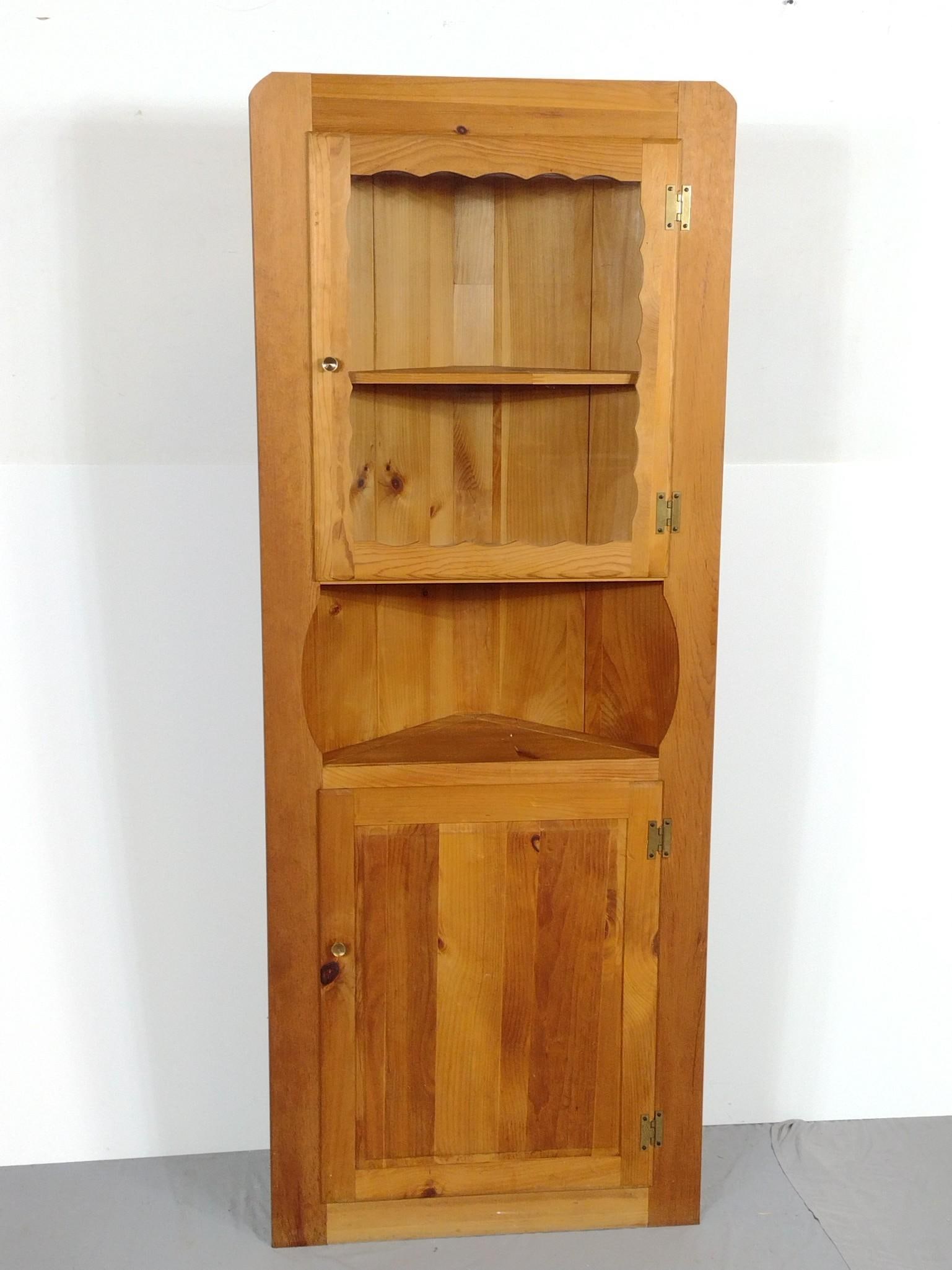 Mastercraft Pine Corner Cabinet: NOT ELIGIBLE FOR IN-HOUSE SHIPPING. 27-3/4" wide X 13" deep X 71-1/2" high.