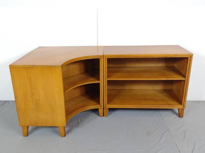 American Modern Two Part Bookcase: NOT ELIGIBLE FOR IN-HOUSE SHIPPING. Overall68-1/2" wide X 32-1/2" deep X 30" high. Has some scratches.