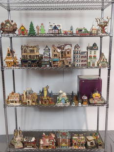 Large Grouping Holiday Houses and Accessories incl Disney Enchanted Places: NOT ELIGIBLE FOR IN-HOUSE SHIPPING. Chrome rack not included. Sold as is.