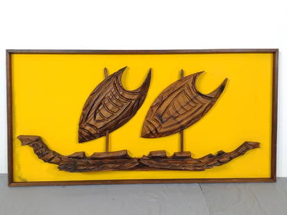 Witco Decor Wood Carved Boat Art: NOT ELIGIBLE FOR IN-HOUSE SHIPPING. Overall with frame 70" wide X 1-3/4" deep X 30" high. Yellow has some areas of discoloring.