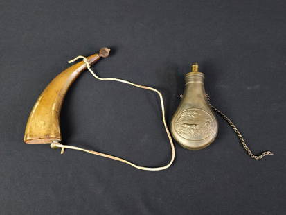 2 Powder Horns / Flask incl Hunt Scene: Includes copper and brass powder flask with hunt scene (3-1/2" wide x 6-1/2" long) and powder horn (4-1/2" wide x 8-1/2" long).