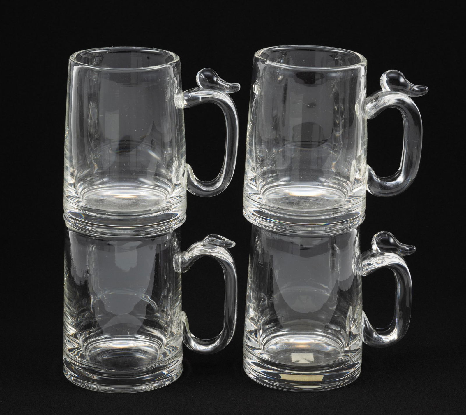 Set of 4 Steuben Glass Tankards / Mugs: Each: 5" wide x 3-1/2" deep x 5" high.