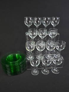 26 Pcs Glassware incl Green Plates and Lenox Stemware: Includes 12 green glass plates (7-1/2" diameter) and 14 pieces of Lenox stemware (5-1/4" high).
