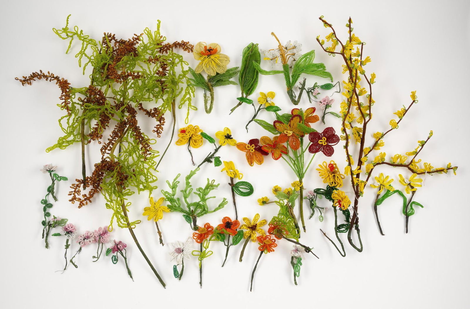 Large Grouping Beaded Flowers: Various sizes. Stems are wire to bend and change the size. Some with missing beads.