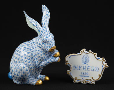 Herend Fishnet Rabbit Figurine and Dealer Plaque: Plaque: 3-1/4" wide x 2-3/4" high. Rabbit: 4-1/2" wide x 3" deep x 6" high.