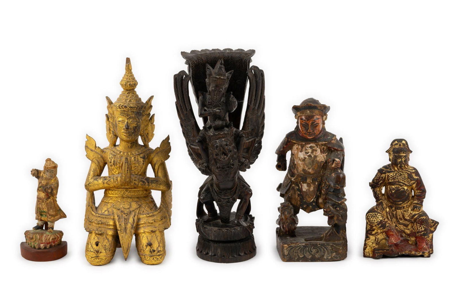 5 Asian Carved Figurines: DESCRIPTION: Includes Garuda figurine; Buddhist gold color wood figurine; handcarved warrior figurines; Chinese copper figurine; and wood carved warrior figurine. MEASUREMENT: 2-1/4" to 4-1/2" wide x