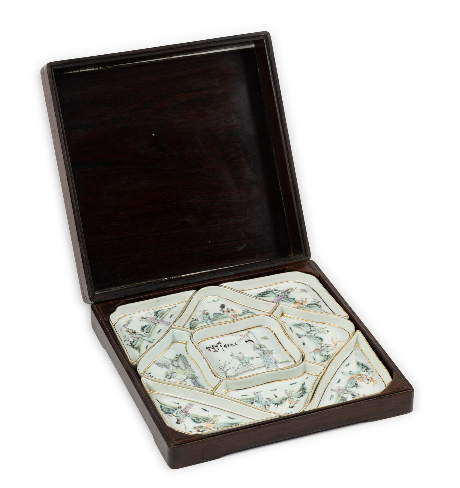 Chinese Famille Rose Sweetmeat Trays w/ Wood Storage Box (1 of 3)