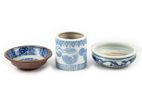 3 Asian Porcelain Pcs: DESCRIPTION: Includes a Japanese blue and white bitong/brush holder decorated with various scenes and with a mark on the inside; Chinese blue and white incense burner decorated with a nature scene; an