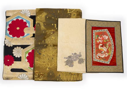 4 Asian Silk Tapestries: DESCRIPTION: Includes floral designs, dragon designs, and boat design. Colors include reds, blue, gold, pinks, and more. MEASUREMENT: 10-3/8" to 12-3/4" wide x 14-1/2" to 155" long.