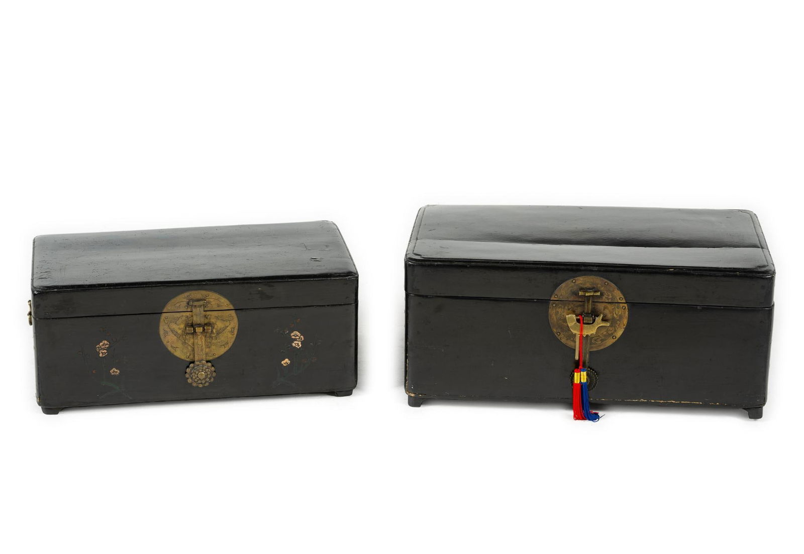 2 Chinese Antique Black Lacquered Chests: NOT ELIGIBLE FOR IN-HOUSE SHIPPING. DESCRIPTION: Both black lacquered with brass accessories. Possibly used for jewelry. MEASUREMENT: 25" to 28" wide x 13" to 15-1/2" deep x 10" to 12" high. CONDITION