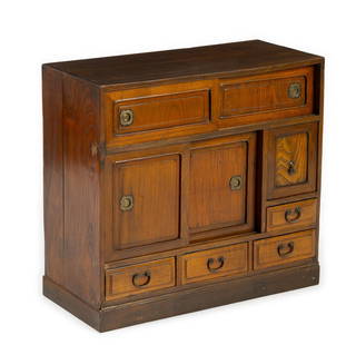 Antique Japanese Keyaki Cha Tansu Cabinet: NOT ELIGIBLE FOR IN-HOUSE SHIPPING. DESCRIPTION: A tradtional Japanese storage cabinet specifically designed for tea utensils and accessories. These cabinets were typically placed in the reception of