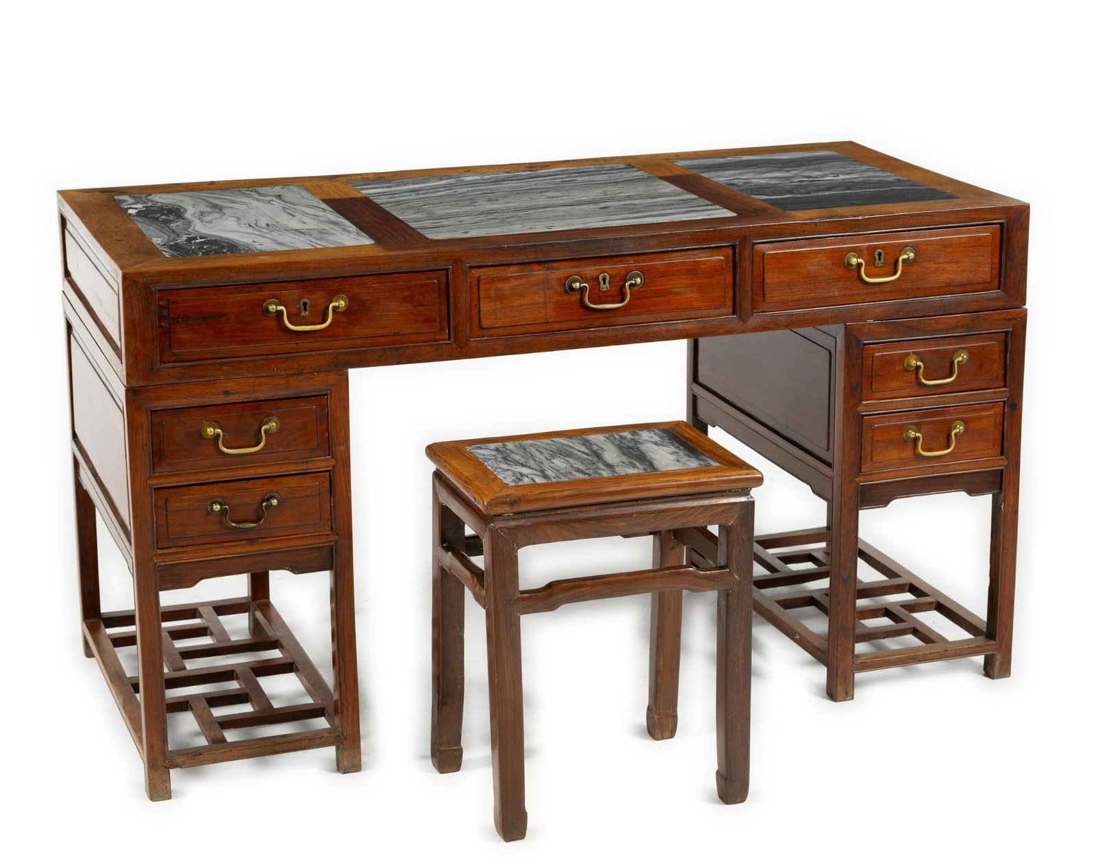 Chinese Hardwood & Marble Double Pedestal Desk & Chair (1 of 9)