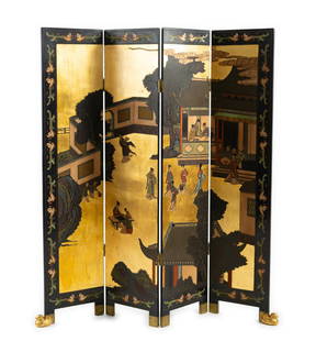Asian 4 Panel Folding Screen: NOT ELIGIBLE FOR IN-HOUSE SHIPPING. DESCRIPTION: Black lacquered wood with gilt paint. Edges with carved design. Front decorated with palace scene. Back designed with ducks in a pond. MEASUREMENT: 64"