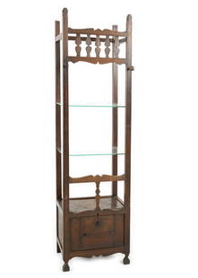 Asian Shelf: NOT ELIGIBLE FOR IN-HOUSE SHIPPING. DESCRIPTION: Asian shelf unit with glass shelves. With two pegs for hanging. MEASUREMENT: 21-1/4" wide x 17" deep x 78-1/2" high.