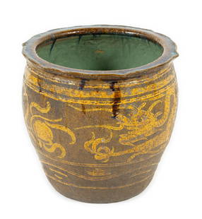 Chinese Dragon "Egg Pot" Planter: NOT ELIGIBLE FOR IN-HOUSE SHIPPING. DESCRIPTION: Dragon design. Traditionally used to store black "century eggs" or to transport and sell various goods in market. MEASUREMENT: 17" diameter x 16" high.