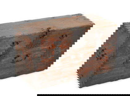 Korean Money Trunk: NOT ELIGIBLE FOR IN-HOUSE SHIPPING. DESCRIPTION: Traditionally used to store money and valuables. They are known for their robust construction, featuring thick hardwood panels and heavy-duty iron hard