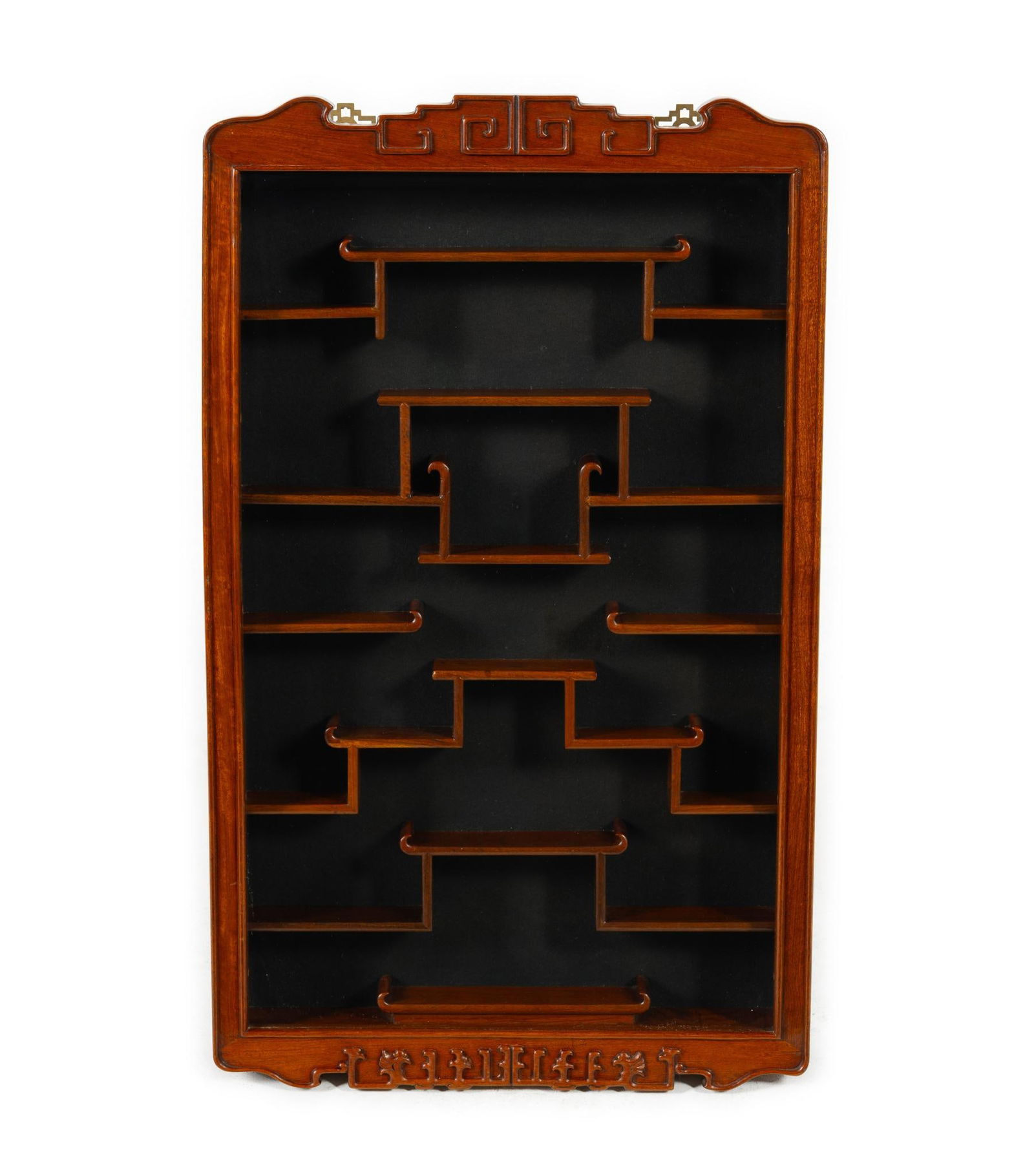 Chinese Hardwood Snuff Bottle Hanging Cabinet: NOT ELIGIBLE FOR IN-HOUSE SHIPPING. DESCRIPTION: Glass front door on hinges. MEASUREMENT: 19-3/4" wide x 3-1/2" deep x 32-3/4" high.