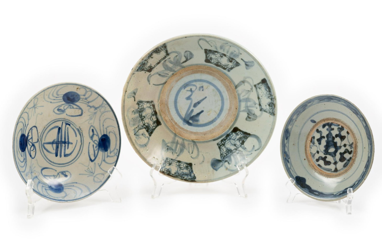 3 Chinese Blue & White Porcelain Plates: DESCRIPTION: All appear to be Qing Dynasty (1644-1912). The Qing Dynasty was the last imperial dynasty of China. It was founded by the Manchus, a group from Manchuria, who conquered the existing Ming 