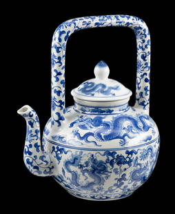 Large Chinese Blue & White Porcelain Teapot: DESCRIPTION: Dragon designs all over teapot with floral design. Dragon on lid. MEASUREMENT: 8" wide x 12-3/4" high.