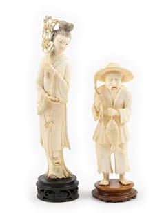 2 Carved Resin Figurines: DESCRIPTION: Includes female and male figure. Male figure is holding a fishing pole and fish. Female figure appears to be a geisha holding a flower branch. Both mounted on stands. MEASUREMENT:2-1/2" t