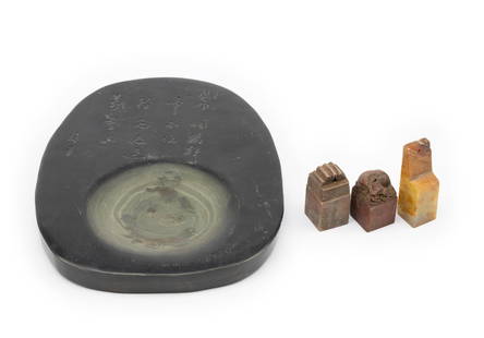 3 Chinese Seals and Ink Stone: DESCRIPTION: Includes three chinese seals made of stone one with a bull, one with a decorative top, and one with a simple design. These were used in China as a personal signature by dipping it in ink