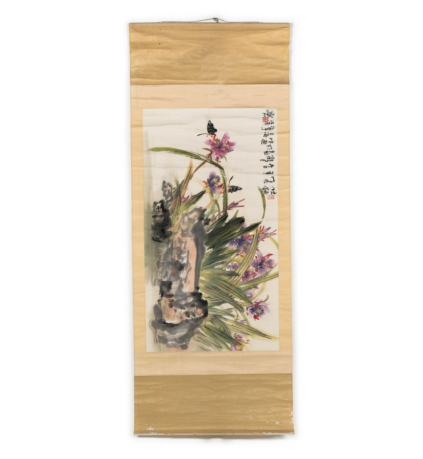 Chinese Scroll Painting: DESCRIPTION: A hanging Chinese scroll paining of a nature scene with an inscription on the side. MEASUREMENTS: 24" wide x 60" long. CONDITION: Wrinkles, small tears, and wear consistent with age and s