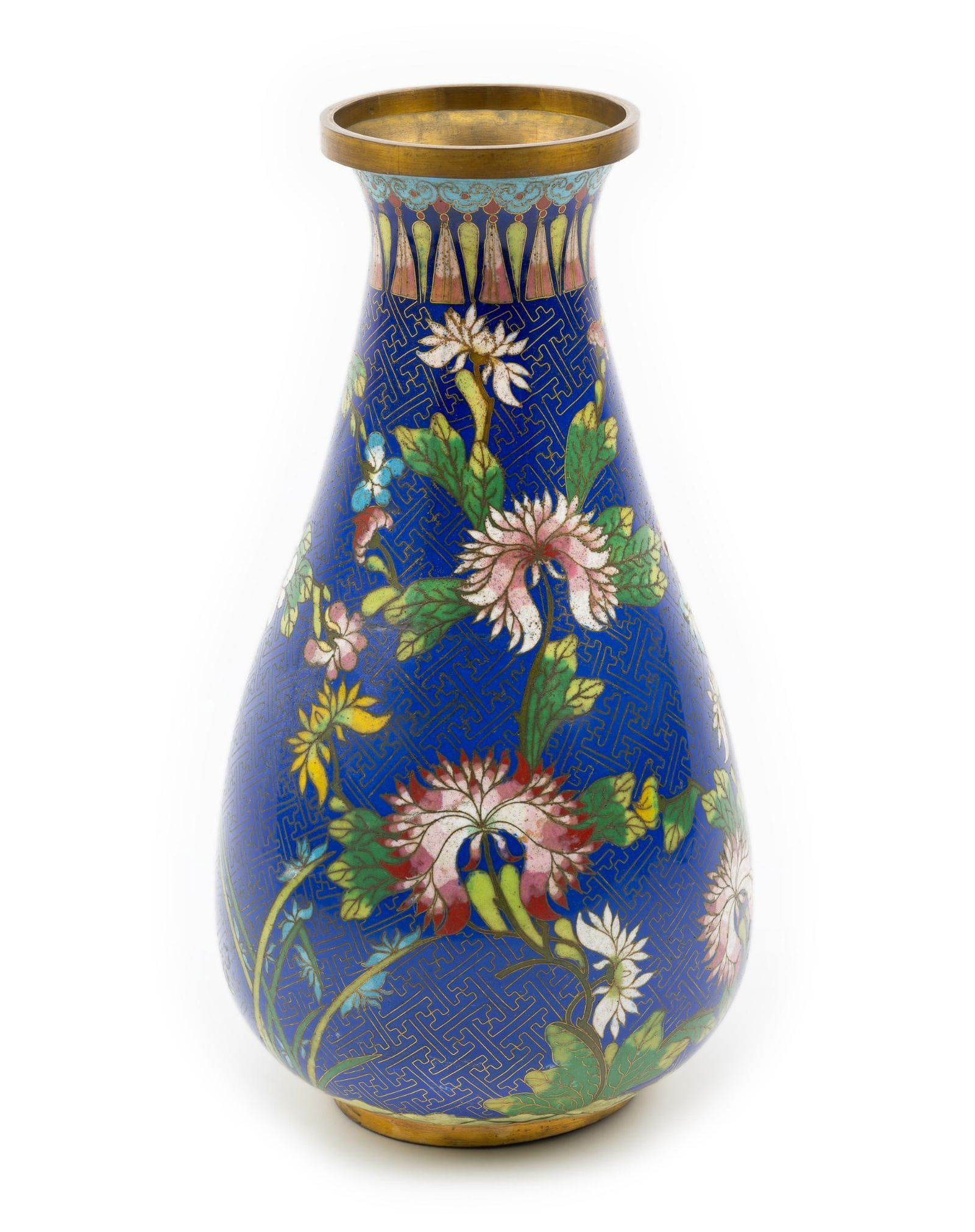 Cloisonne Vase: DESCRIPTION: Blue background with pink floral design. MEASUREMENT: 6-1/2" wide x 13" high.