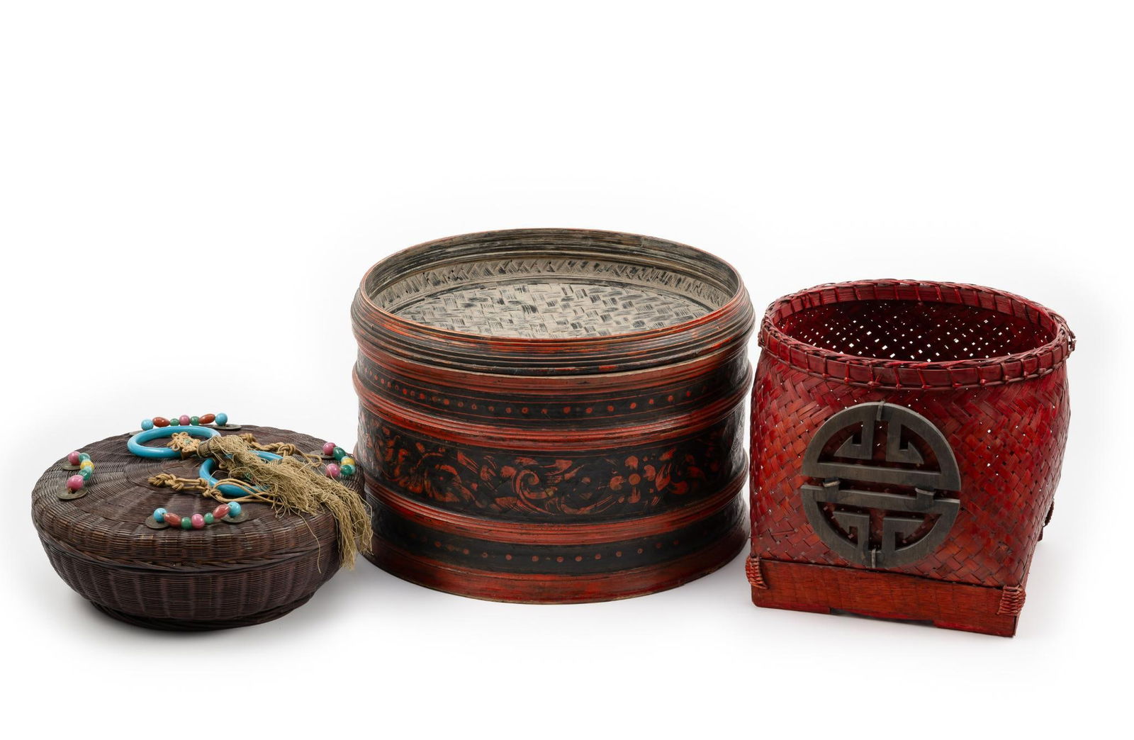 3 Baskets: DESCRIPTION: Includes betel box and decorative boxes. MEASUREMENT: 9" to 12" wide x 3-1/2" to 9-1/2" high. CONDITION: Wear to paint consistent with age.