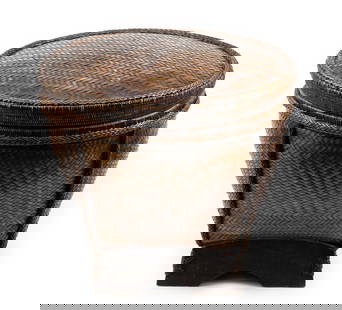 Large Chinese Ratten Basket: NOT ELIGIBLE FOR IN-HOUSE SHIPPING. DESCRIPTION: Large Chinese rattan basket with lid. MEASUREMENT: 22" wide x 19-1/2" high.