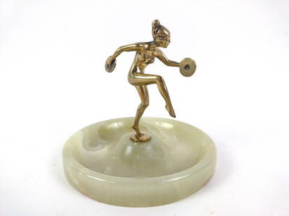 Art Deco Bronze Figural Ashtray on Hardstone Base: 5-1/4" diameter X 5" high.