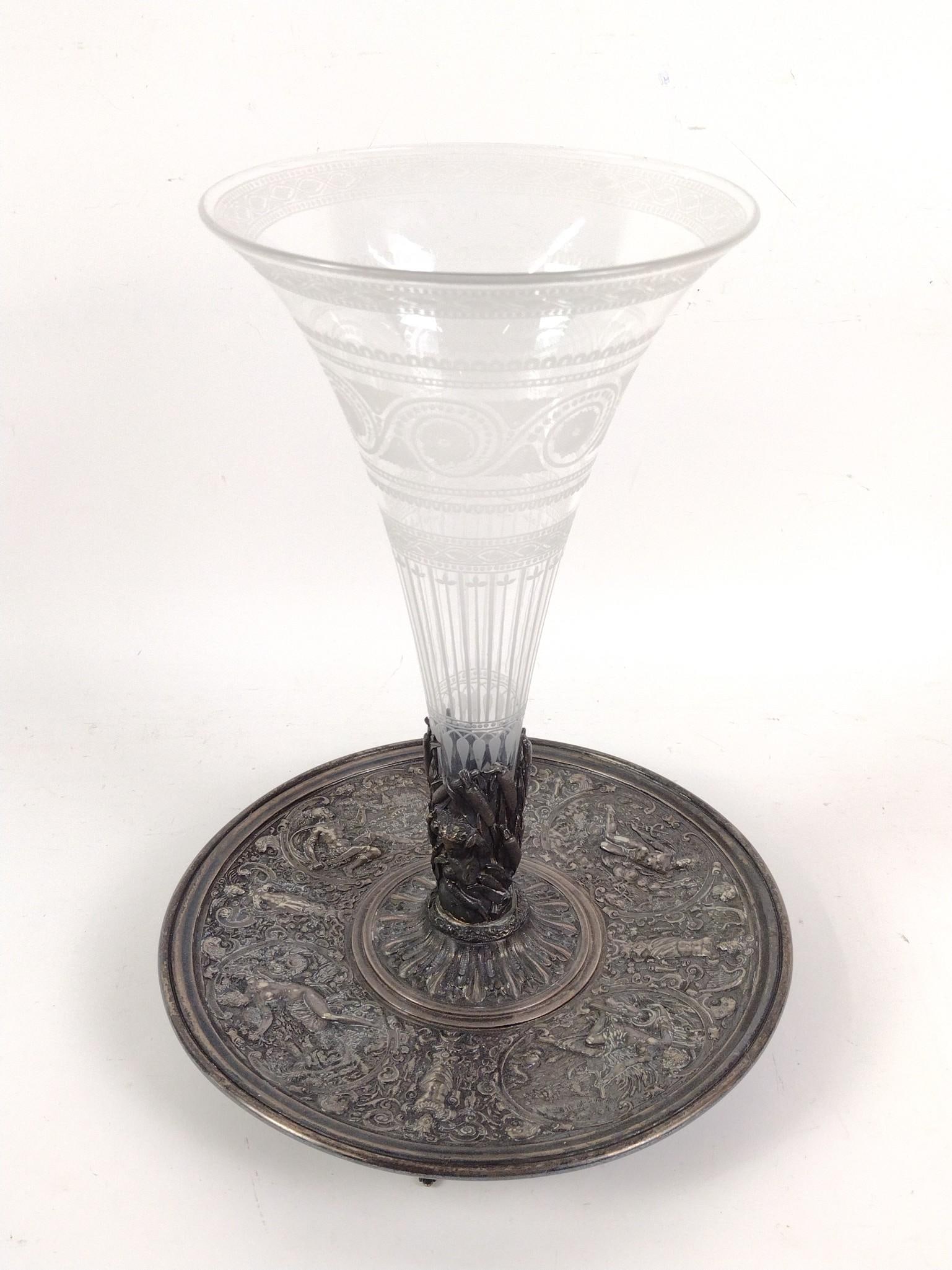 Figural Silverplate & Etched Glass Centerpiece: 11" diameter X 13-1/2" high.