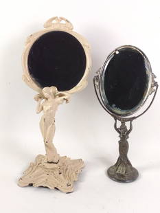 2 Antique Art Nouveau Cast Figural Mirrors: 17" to 19-1/2" high. Both have some finish loss.