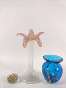 3 Pcs Art Glass Incl Vase: All unsigned. 1-1/2" to 11" high.