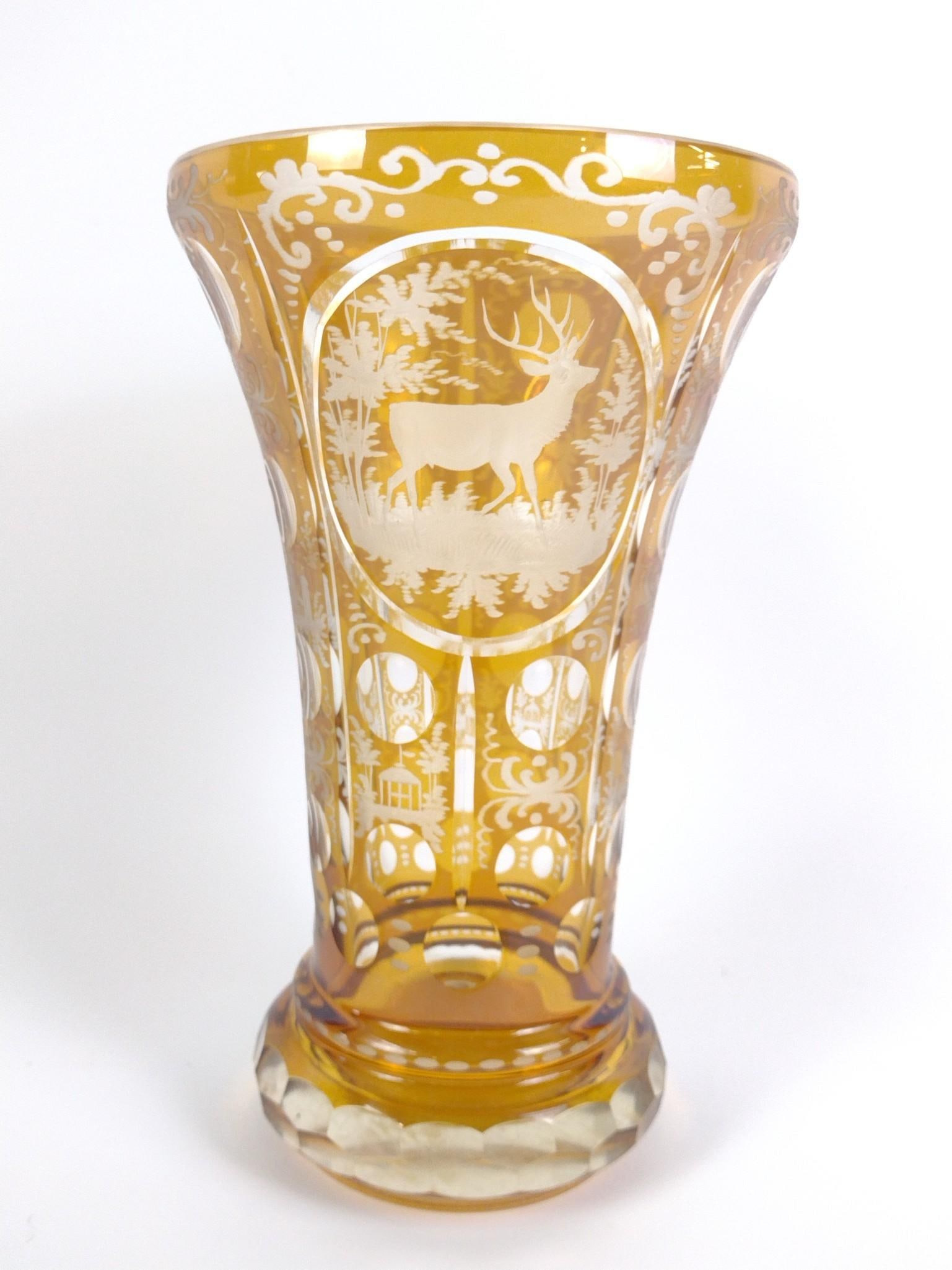 Bohemian Amber Cut To Clear Vase with Stag (1 of 4)