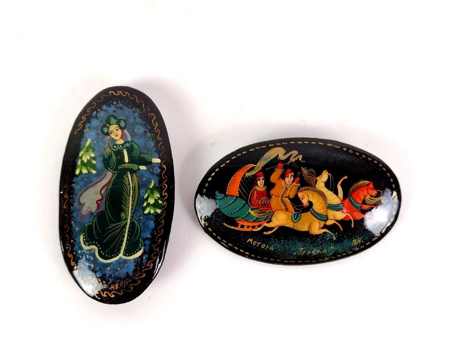 2 Russian Hand Painted Lacquer Brooches: Each 1-1/2" X 2-1/2".