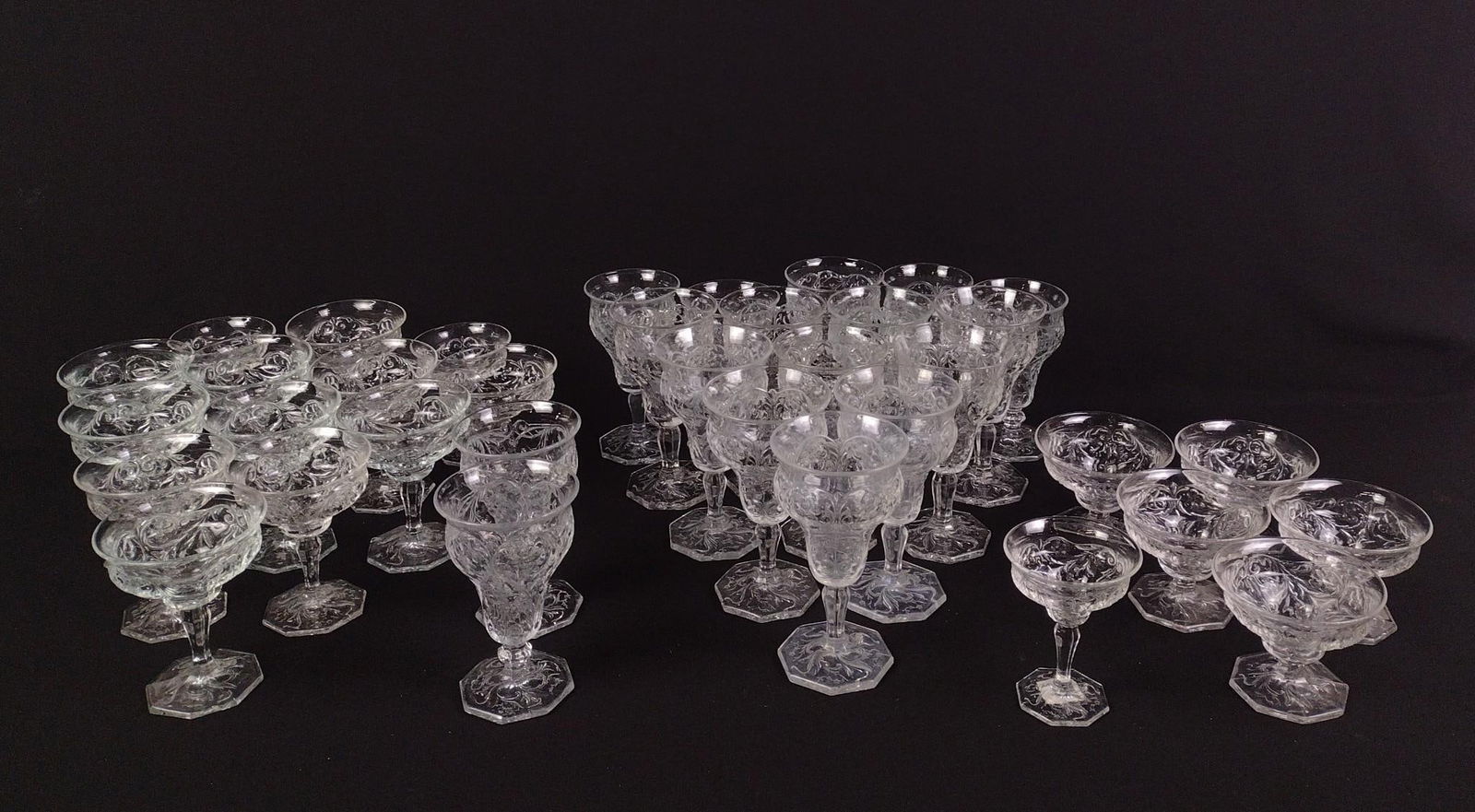 36 Rock Crystal Stemware: 3-1/4" to 6-1/4" high.