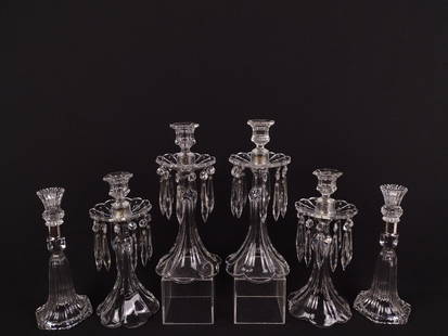6 Candle Sticks incl Prisms: 10-1/4" to 11-1/2" high.