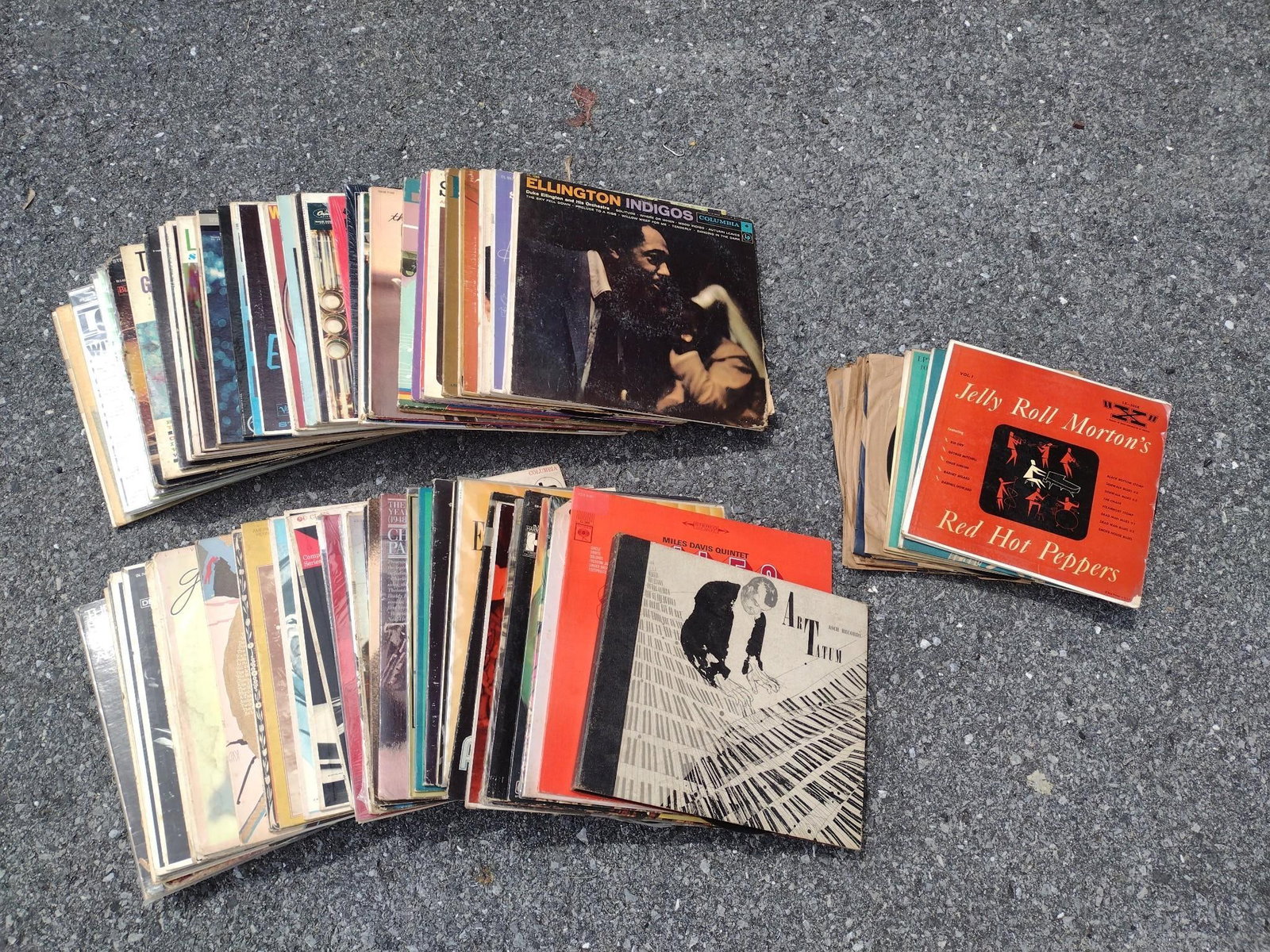 Lot Of Records Incl Jelly Roll Mortons: NOT ELIGIBLE FOR IN-HOUSE SHIPPING. Also includes Miles Davis, Ellington Indigos and more.