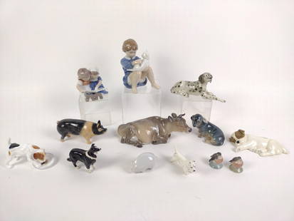 13 Ceramic Figurines Incl Royal Doulton: Also includes Royal Copenhagen. Small 1-1/4" wide to 1-3/4" high. Large 5" wide X 6" high.