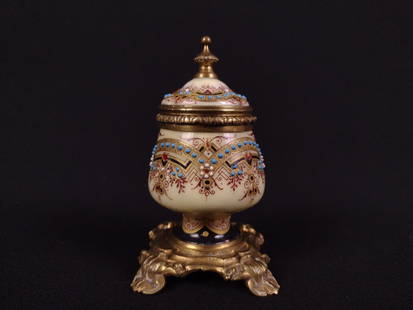 Antique Hand Painted Ink Well: 2" wide X 2" deep X 3-1/2" high.