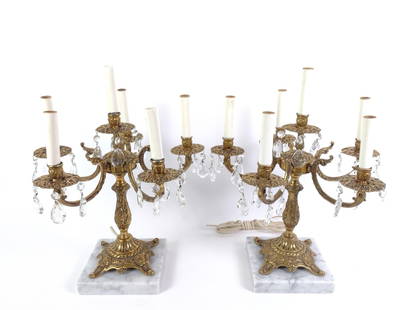 2 Electrified Candelabras: Each 14" wide X 14" deep X 17-1/2" high. Both have cords cut. Missing some tear-drop prisms.