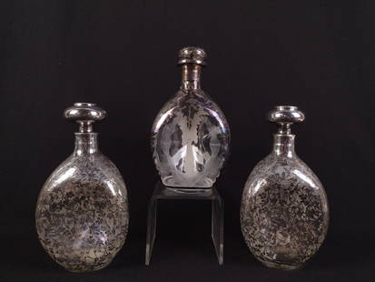 3 Glass Decanters W/ Silver Overlay: 8-1/2" to 9-1/4" high.