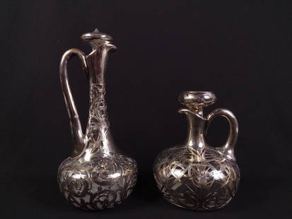 2 Glass Decanters W/ Silver Overlay: 7-3/4" to 11-3/4" high.