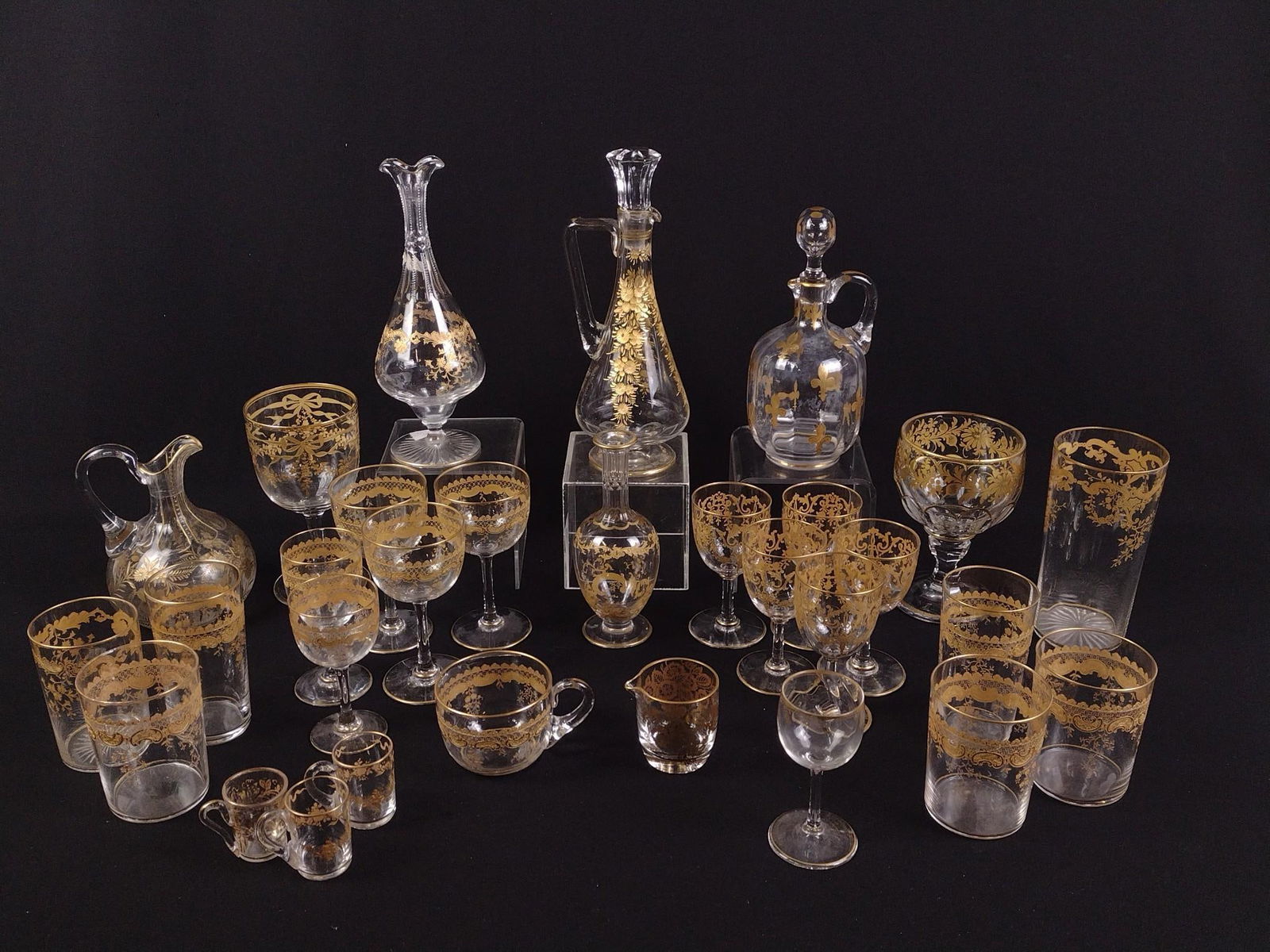29 Pcs Gold Decorated Moser Glass: 2" to 9-3/4" high.