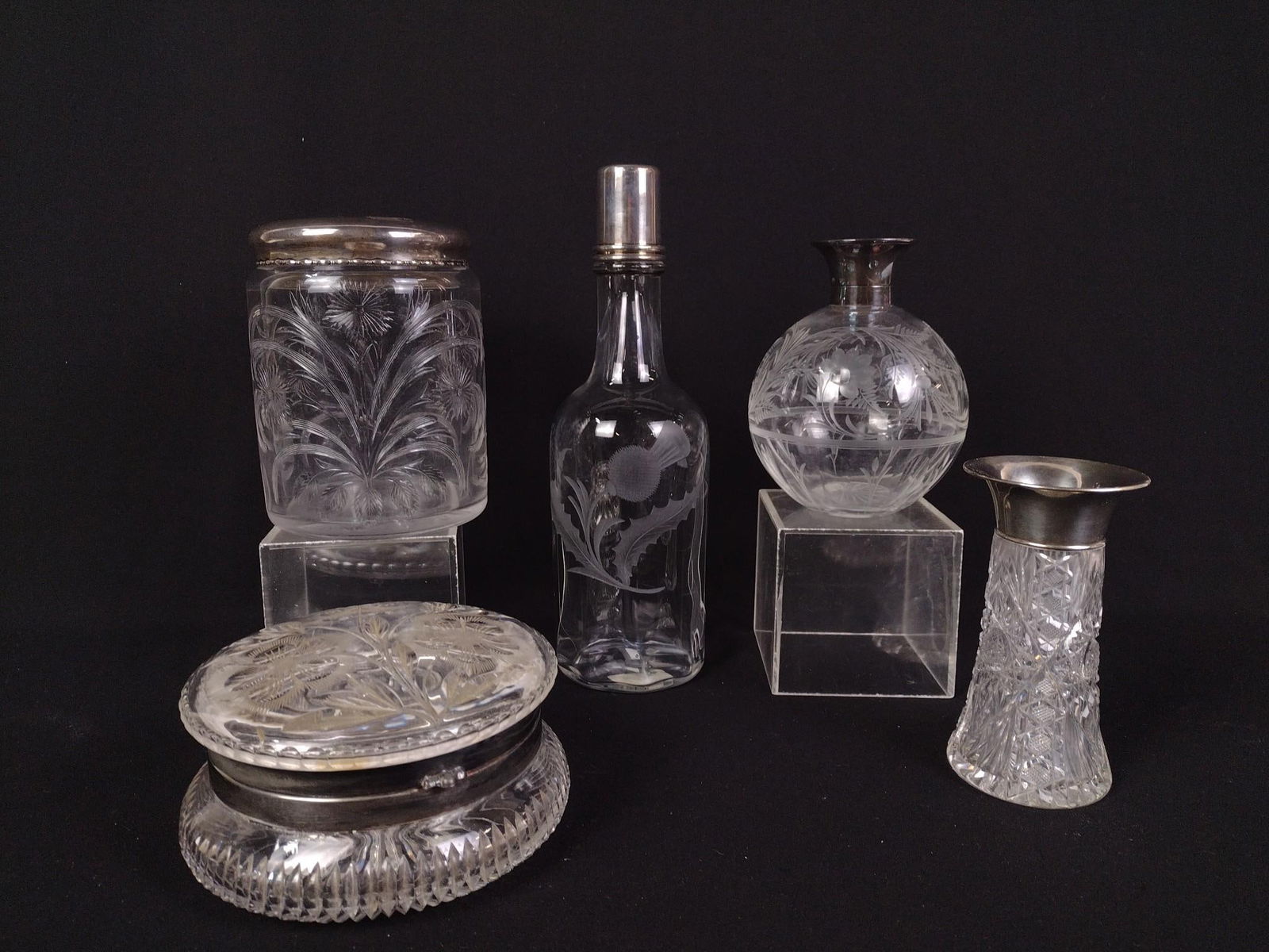 5 Silver Topped Glassware: 3-1/2" to 11" high.