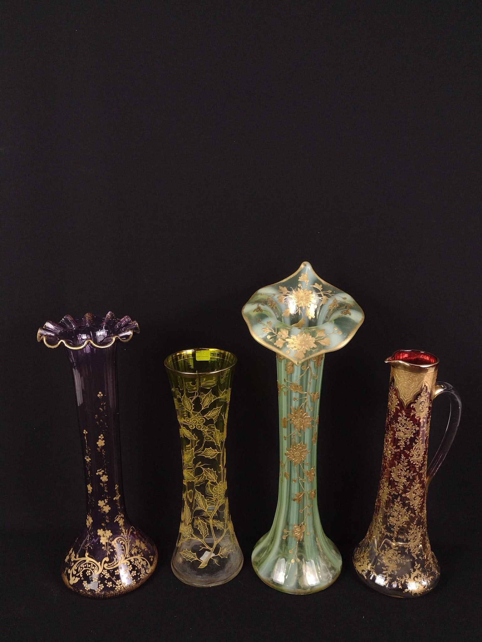 4 Pcs Moser Glass with Gold Painted Embellishments: 14" to 18-1/2" high.