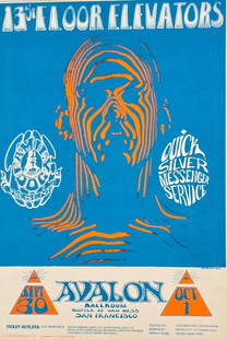 13th Floor Elevators - Avalon Poster: NOT ELIGIBLE FOR IN-HOUSE SHIPPING. Poster for 13th Street Elevator concert at Avalon Ballroom. Copyright 1966. Overall with frame 26-1/8" long x 20" wide.