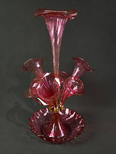 Victorian Cranberry Glass Epergne: Overall 12-1/2" diameter x 20-1-2" high.